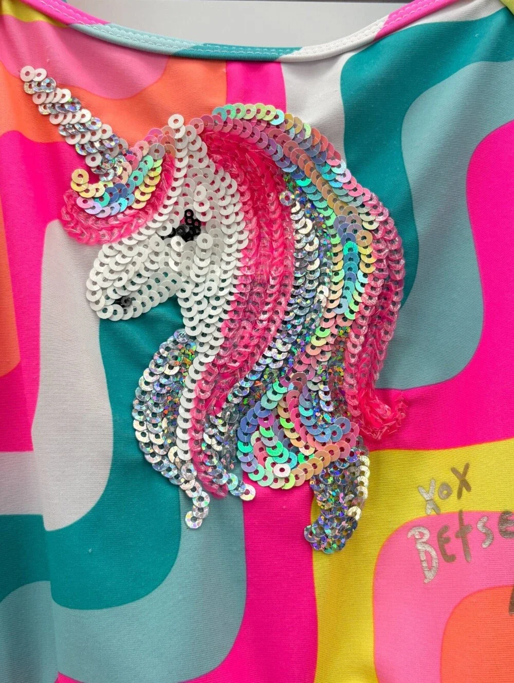 Betsey Johnson Toddler Girl's Unicorn Sequins PomPoms One Piece Swim Suit 2T